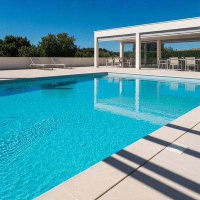 Modern renovated swimming pool with clear blue water and elegant patio in Hyères