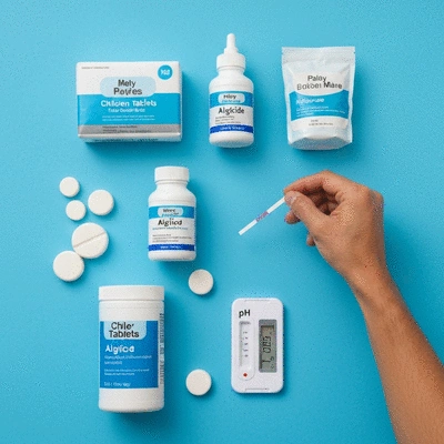 Produits d'entretien de piscine sur un fond bleu, avec une main testant l'eau