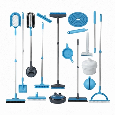 Assortiment d'équipements de nettoyage de piscine sur un fond clair et propre, mis en scène pour un article d'entretien de piscine, no text, no words, no typography, 8K, clean image