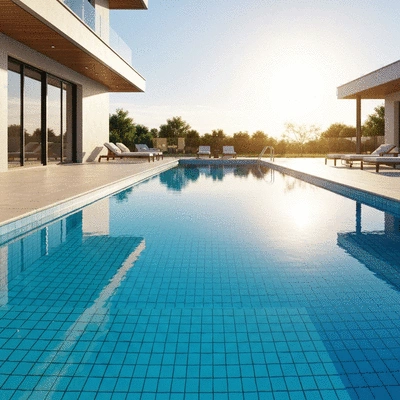 Modern renovated swimming pool with clear blue water and new tiling, no text, no words, no typography