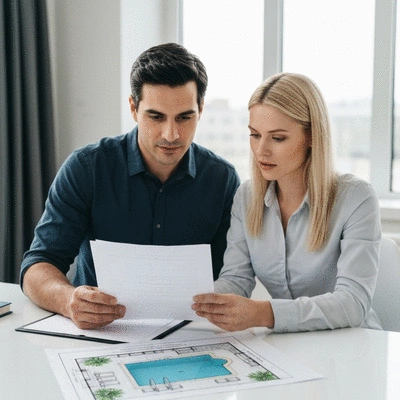 Couple reviewing financial documents for a pool construction project