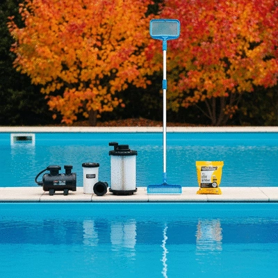 Produits et outils d'entretien de piscine sur le bord d'une piscine