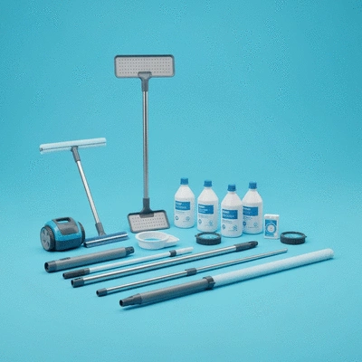 Assortiment de produits de nettoyage de piscine sur un fond bleu clair