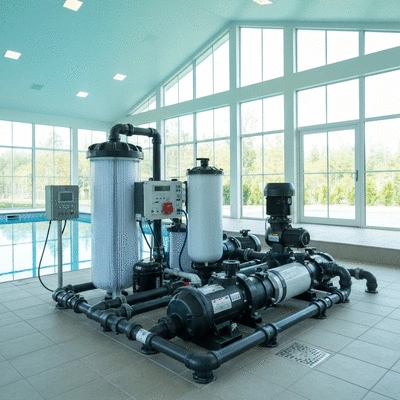 Modern pool filtration system components in a clean, well-maintained pool house