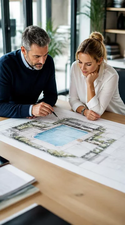 Architect reviewing blueprints for a pool construction project