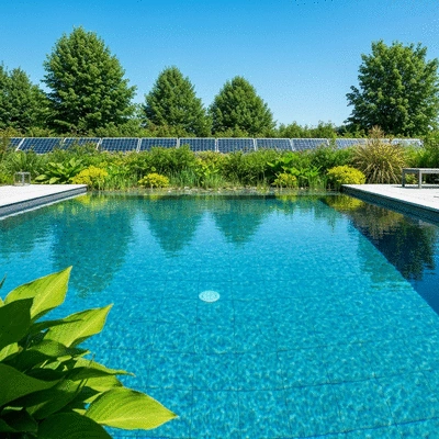 Modern ecological swimming pool with natural filtration and solar panels