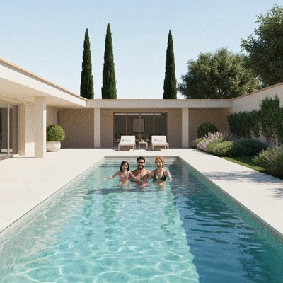 Family enjoying a modern pool in a sunny garden, Hyères style