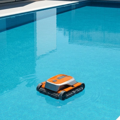 Modern robotic pool cleaner in a sparkling clean swimming pool, clear blue water, no text, no words, no typography, no labels, clean image