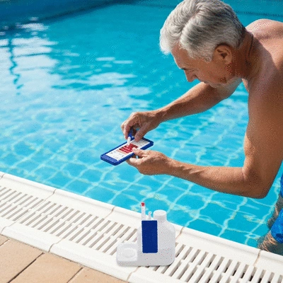 Personne vérifiant les niveaux de pH de la piscine avec un kit de test