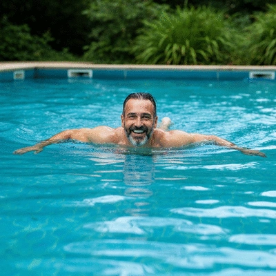 Personne souriante nageant dans une piscine écologique sans chlore