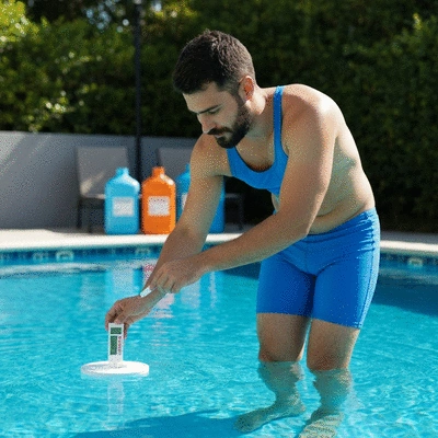 Personne mesurant le pH de l'eau d'une piscine avec un kit de test, avec des produits chimiques de piscine en arrière-plan.