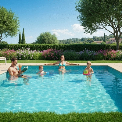Family enjoying a clean, clear swimming pool in a sunny Mediterranean setting
