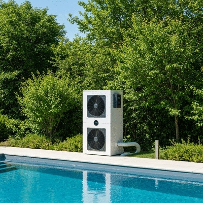 Pompe à chaleur moderne installée près d'une piscine, avec des feuilles vertes en arrière-plan, symbolisant l'écologie.