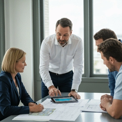 Architect discussing eco-friendly pool design with clients on a tablet, blueprints on table, modern office setting, no text, no words, no typography, clean image