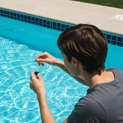 Personne utilisant un testeur d'eau pour vérifier la qualité de l'eau d'une piscine