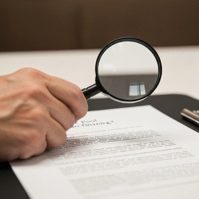 Hand holding a magnifying glass over a document detailing pool financing options