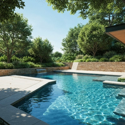 Modern eco-friendly swimming pool with natural stone and lush greenery, clear blue water, sun shining, no text, no words, no typography, clean image