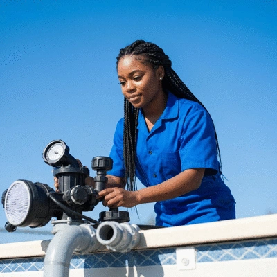 Professional inspecting pool equipment for winterization