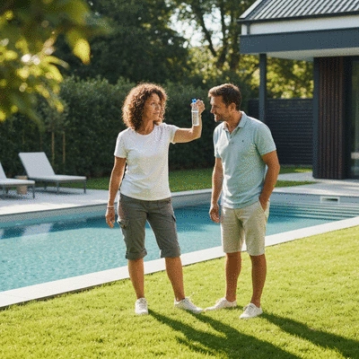 Pisciniste écologique conseillant un client sur l'entretien de piscine