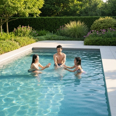 Relaxing poolside scene with a family enjoying a custom pool, bright and clean, no text, no words, no typography, 8K, natural lighting