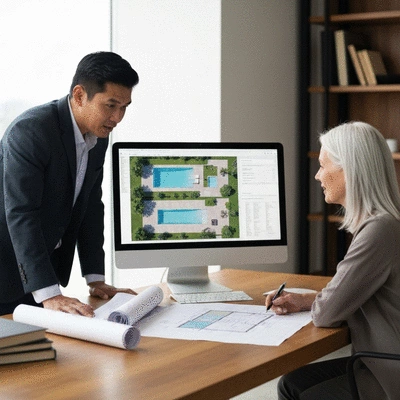 Architect reviewing pool construction plans with client