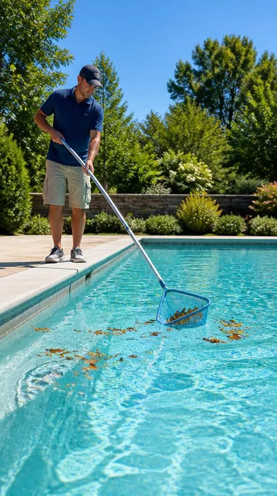 Person cleaning a swimming pool with a net, bright and sunny day