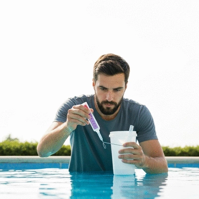 Personne ajustant les niveaux de pH et de chlore de la piscine avec un kit de test
