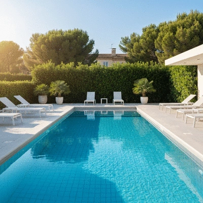 Modern renovated swimming pool in Hyères with clear blue water and elegant tiling, surrounded by lush greenery, no text, no words, no typography, clean image