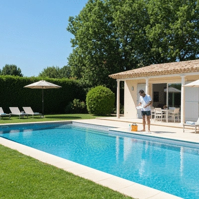 Modern swimming pool in a luxurious garden in Hyeres, France, with a local professional inspecting the water quality
