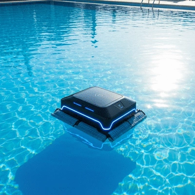 Modern swimming pool cleaning robot working autonomously in a clear blue pool, bright sunlight, clean environment, no text, no words, no typography, 8K