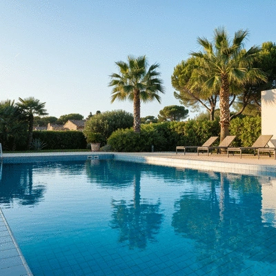 Modern swimming pool in Hyères with clear blue water and sunny weather
