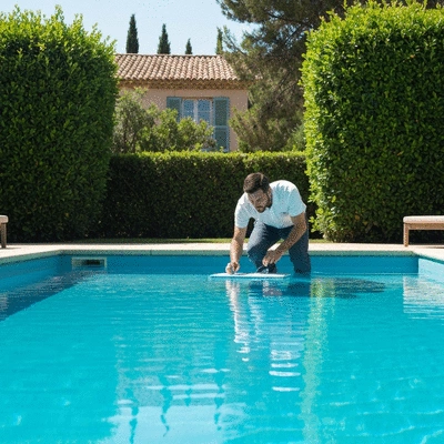 Professional inspecting swimming pool water in Hyères, France