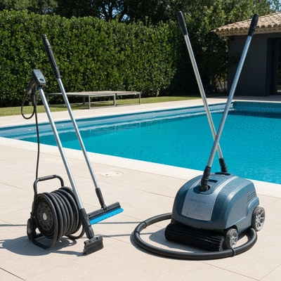 Modern pool cleaning equipment laid out neatly next to a sparkling clean swimming pool in Hyères