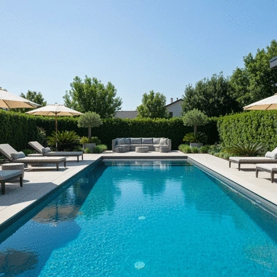 Modern swimming pool in backyard with lounge chairs and clear blue water