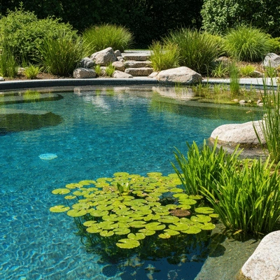 Piscine naturelle avec des plantes aquatiques et des roches