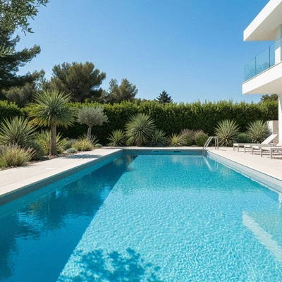 Modern swimming pool with clean lines and sustainable materials, surrounded by Mediterranean plants