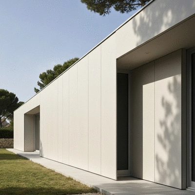 Modern house exterior with modular panels in a Mediterranean setting, Hyères