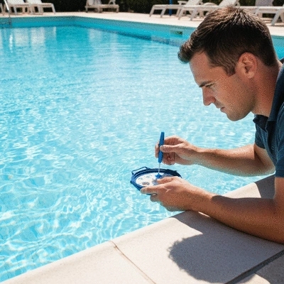 Professional pool cleaner inspecting pool water quality in Hyeres, clean image, no text, no words, no typography, 8K