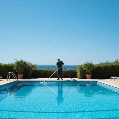 Professional cleaning a swimming pool in Hyères with modern equipment