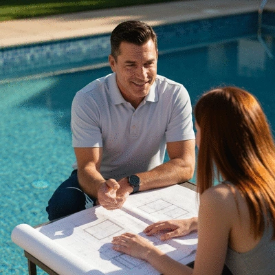 Professional swimming pool contractor discussing renovation plans with a client by a pool, showing expertise and trust, no text, no words, no typography, clean image