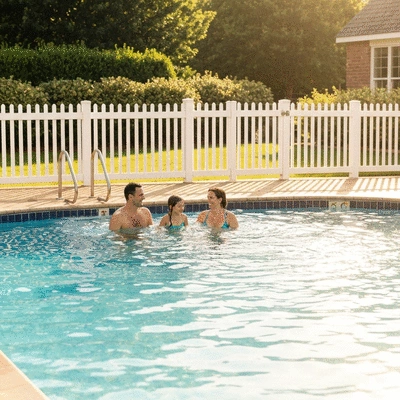 Family enjoying a safe and clean swimming pool, with visible safety features like a fence, sunny day, no text, no words, no typography, no labels, clean image