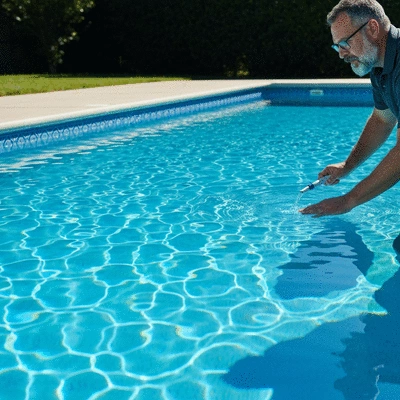 Professional inspecting swimming pool liner for damage and wear