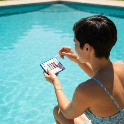 Personne testant le pH de l'eau de la piscine avec un kit de test, fond de piscine turquoise, no text, no words, no typography
