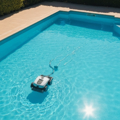 Robot nettoyeur de piscine en action dans une piscine résidentielle