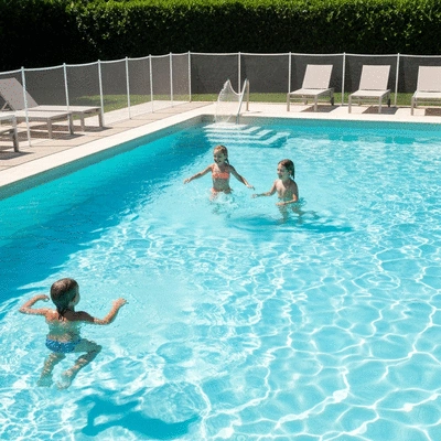 Family with young children enjoying a safe swimming pool, clear water, sun loungers