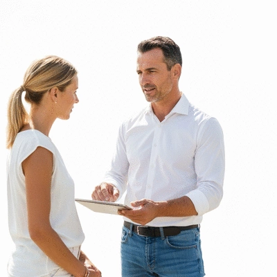 Professional swimming pool renovation expert discussing plans with a client on-site in Hyères
