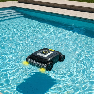 Robot de piscine nettoyant le fond d'une piscine avec de l'eau claire