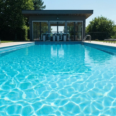 Piscine propre et claire avec un équipement de filtration en arrière-plan