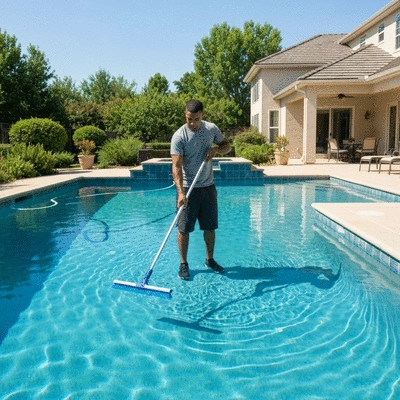 Professional pool cleaner using a long handle brush to clean the bottom of a swimming pool, clear blue water, sunny day, residential background, no text, no words, no typography, 8K