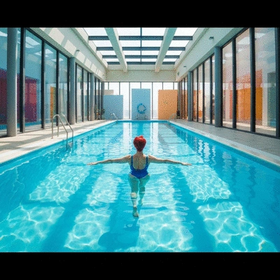 Personne souriante nageant dans une piscine chauffée, avec une pompe à chaleur discrètement visible en arrière-plan, sous un soleil doux.
